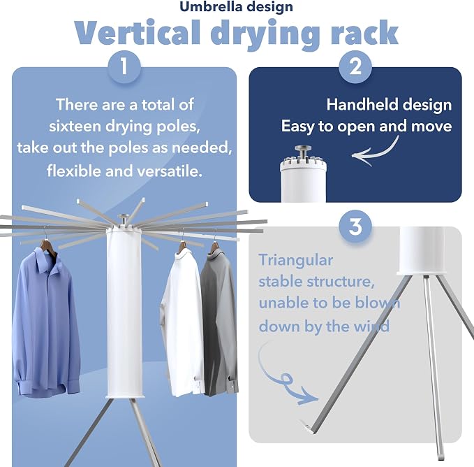 Heavy-Duty Aluminum Tripod Clothes Drying Rack, Reinforced Stable Design, 16 Rods, Large Capacity, Rustproof Weather-Resistant Umbrella Dryer, Foldable for Indoor Outdoor Use