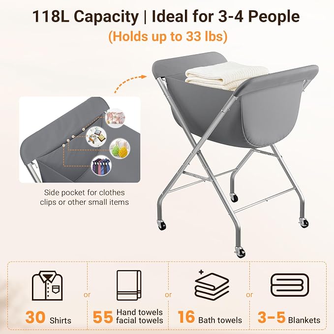 ELYKEN Laundry Basket with Wheels, Collapsible Laundry Hamper, Gray | Removable Liner Bag, Foldable Design, 118L Capacity, Sturdy Metal Frame, 4 Casters, Laundry Cart for Bedroom, Laundry Room