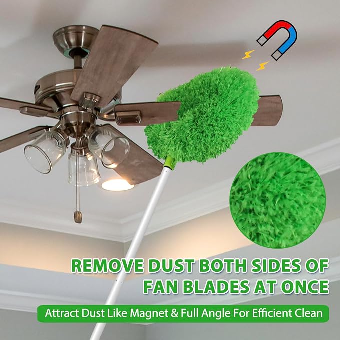 FONUNO Ceiling Fan Cleaner Duster High Ceiling Extended Fan Blade Cleaner | Reusable Microfiber Ceiling Fan Duster with Extension Handle from 13 to 50 Inch for Furniture Bookshelves Wall Door, Green