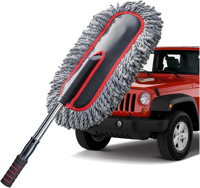 YeewayVeh Car Duster, Scratch-Free Microfiber Cleaning Brush, Gray/Red | Extendable Handle Pollen & Dust Remover for Truck, SUV, Vehicles & Home