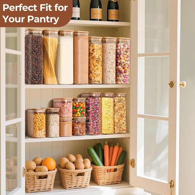 ComSaf 2 Qt Rectangle Glass Storage Containers with Lids, Glass Jars with Bamboo Lids, Clear Food Jar, Square Canister Set of 3, Pantry Organizers and Storage for Flour Pasta Coffee Bean