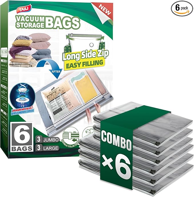 TAILI 6 Pack Vacuum Storage Bags, 2 Size Combo(3 Large+3 Jumbo), LONG SIDE ZIP Vacuum Seal Bags for Clothing, Space Saver for Beddings, Comforters, Blankets, Pillows