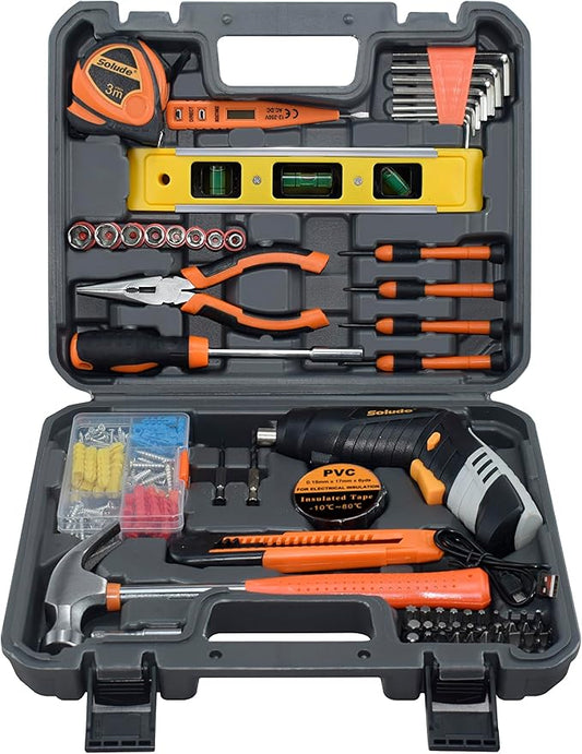 SOLUDE 130-Piece Home Tool Kit with 3.6V Electric Screwdriver,Basic Household Tool Set for New Home,Apartment,College Dorm and DIY Projects
