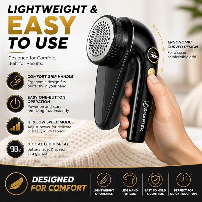Smartek Rechargeable - Fabric Shaver for Clothes - Lasts for Hours Between Charges - 2-Speeds with High and Low Lint Shaving Modes - Built-in LED Screen - Lint Shaver for Removing Fuzz and Pilling