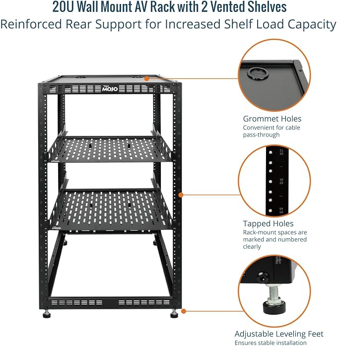 Tecmojo 20U Open Frame Network Rack for IT & AV Gear, AV Rack Floor Standing or Wall Mounted,with 2 PCS 1U Rack Shelves & Mounting Hardware,Network Rack for 19" Networking,Audio and Video Device