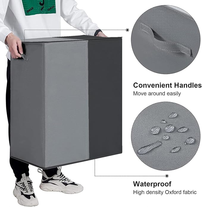 WOWLIVE Double Laundry Hamper with Lid, 154L Large Laundry Basket Organizer | Collapsible Dirty Clothes Hamper 2 Section, with Removable Laundry Bags for Laundry Room, College Dorm, Black and Grey