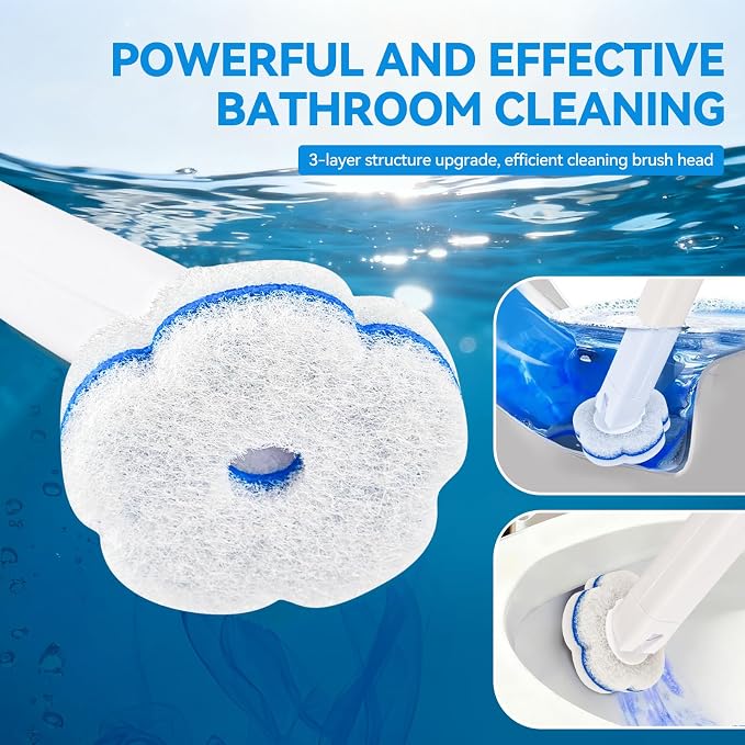 Disposable Toilet Brush System with 48 Refills, Wall-Mount Holder Set | Disposable sponge heads for cleaning the toilet. Drill-free wall mount saves space. Ergonomic handle for easy maintenance