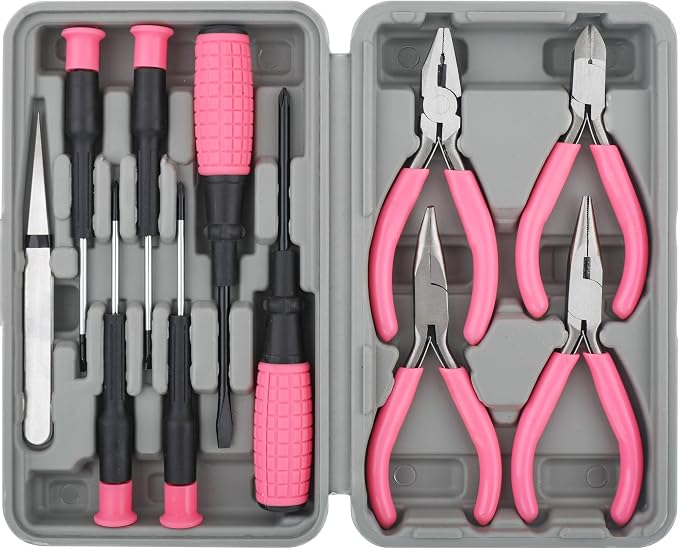 Hi-Spec 11pc Pink Womans Compact Crafts & Home DIY Repair Hand Tool Kit Set with Pliers, Cutters and Precision Screwdrivers for Ladies | 11pc, everyday fixes made easier, organized portable storage, beginner-friendly selection, apartment and office tas...