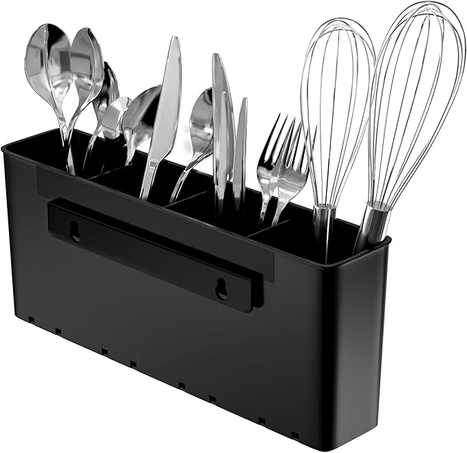 SANNO Dish Rack Utensil Holder, Hanging Cutlery Drainer Caddy with Hooks,10.08 x 2.28 x 4.33 inches 4 Compartment Flatware Organizer for Forks, Spoons, Knives, Fits Over Most Dish Drying Racks, Black