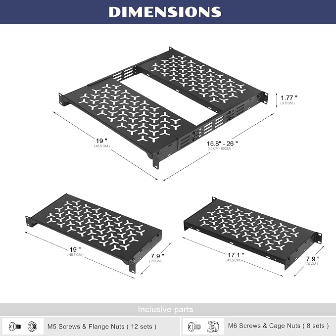 1U Rack Shelves (2-Pack), 2 PCS 8" Deep Cantilever, with Optional Joints to Combine as One Full Size Server Rack Shelf
