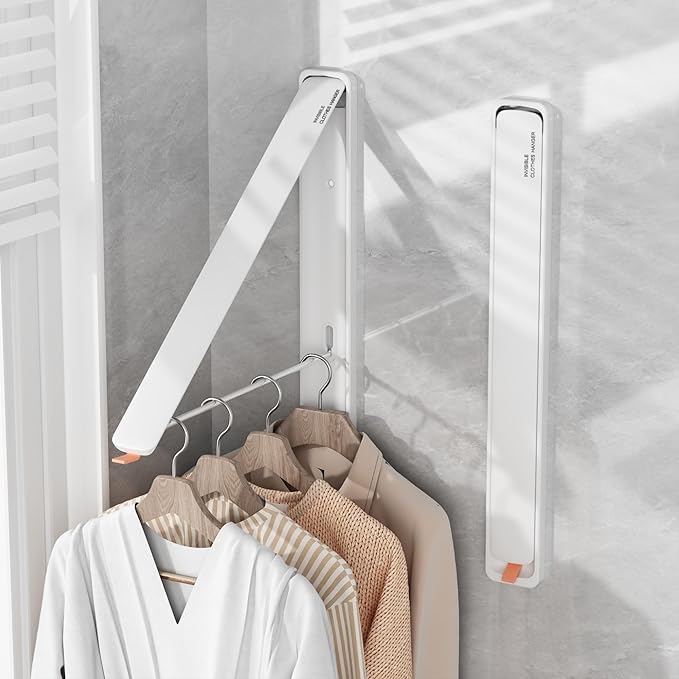 Folding Clothes Hanger Rack Wall mounted for Laundry Clothes Drying Rack | Foldable Hanger Rack Laundry Hanger Dryer Rack, Easy to Install, Closet Storage Organization, Space Saving Aluminium, White