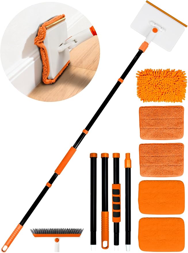4-in-1 Baseboard Cleaning Tool with Extendable Handle 5 Reusable Pads 1 Carpet Rake Stiff Bristle Brush Multi-Surface Baseboard Brush for Cleaning Baseboard Wall Carpet Floor Bathroom Kitchen Pet Hair