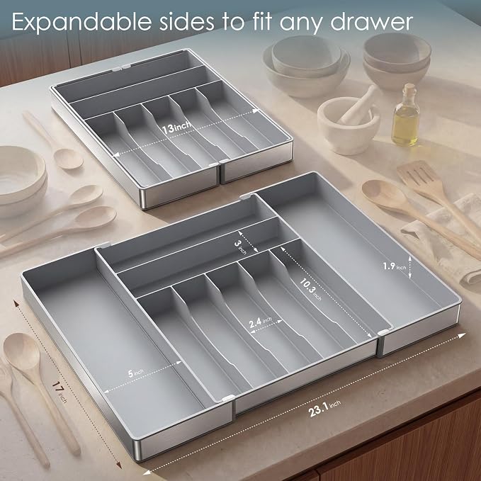 Silverware Drawer Organizer, 9 Slots Expandable Kitchen Drawer Organizer | Extra Large Utensil Holder & Cutlery Tray, Heavy Duty Stainless Steel Frame Flatware Organizer, Non-Slip Feet Included, Gray