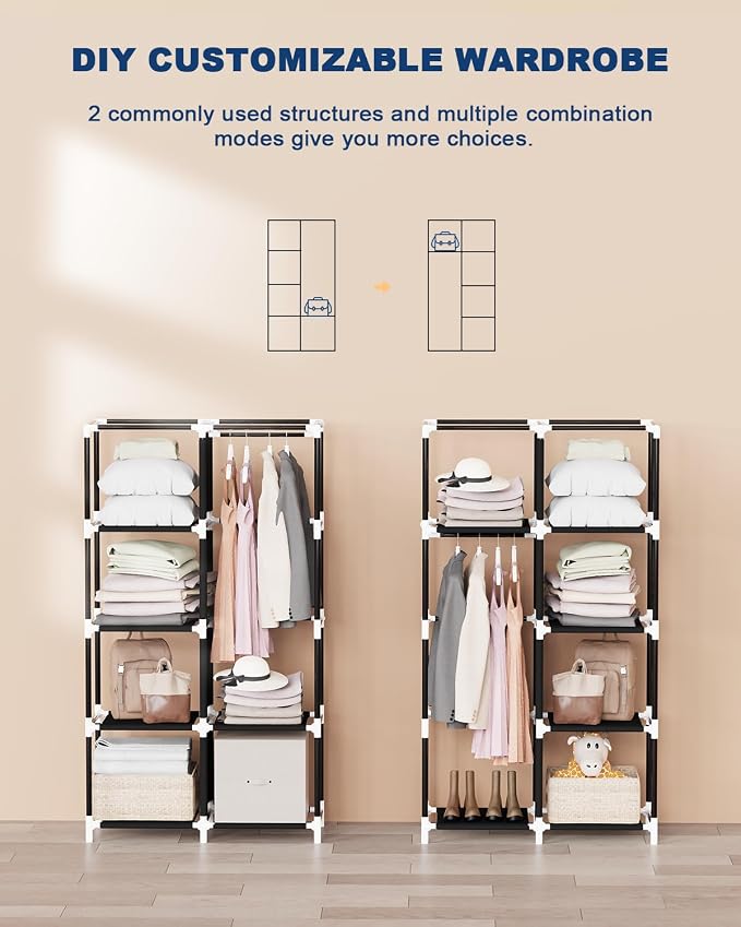 Mavivegue Portable Closet,Wardrobe Closet,Wardrobe,Portable Closets for Hanging Clothes,for Bedroom and Living Room, Black, 2 Rows, 34" W x 18" D x 64" H