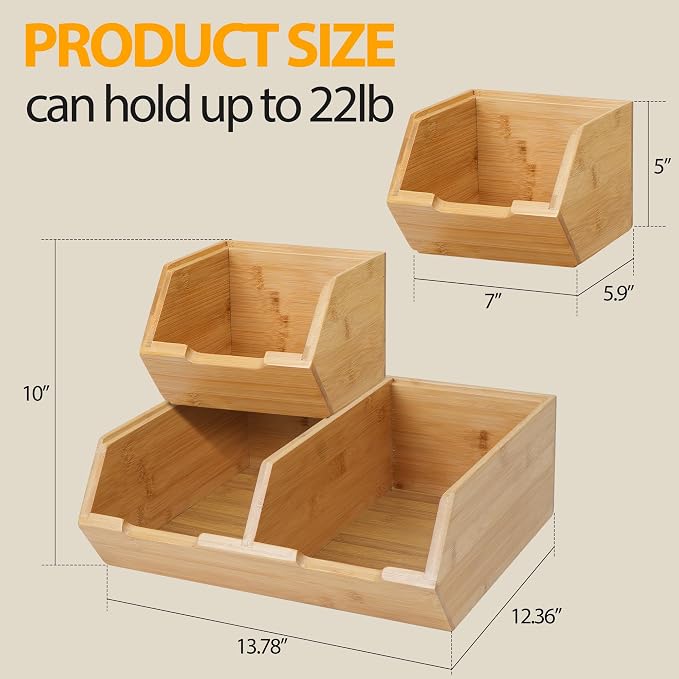 3 Pack Stackable Bamboo Pantry Storage Bins,Potato Onion Storage Bins | Fruit Food Storage Organizer ﻿ - Pantry Organizers for Kitchen Countertop, Food Storage Containers for Fruits Vegetables