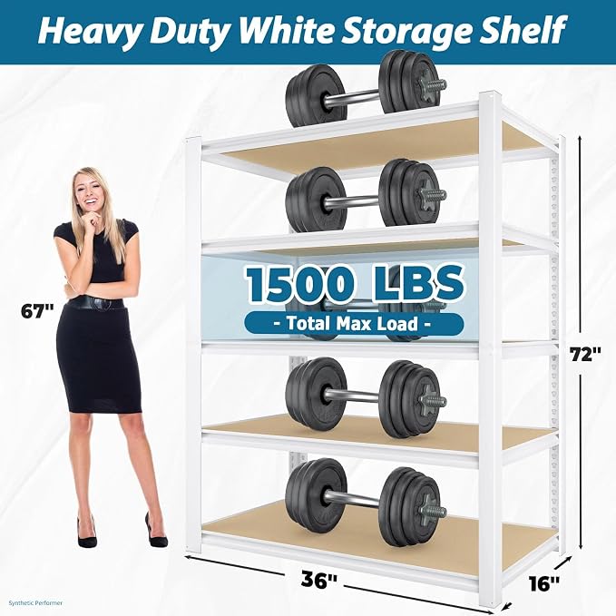 PrimeZone 3 Packs 36" W x 16" D x 72" H Closet Storage Shelves - 5 Tier White Metal Connector Shelving, Adjustable Heavy Duty Garage Shelves, Utility Rack Organizer Shelf for Kitchen Pantry Garage