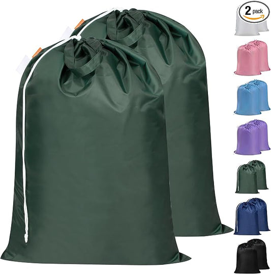 2 Pack Extra Heavy-Duty Laundry Bag with Handles, Green, 28x36" | Extra Large, Name ID Tag, Machine Washable, Reinforced Handles, Drawstring Closure, For College Dorm Travel