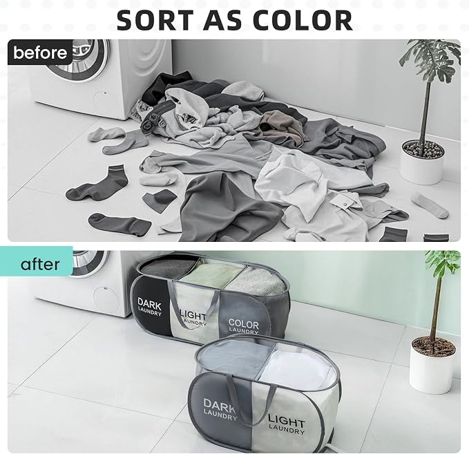 Collapsible Laundry Baskets with 2 Compartments, Black + Begie | 105L, Foldable, Pop up Hamper, Reinforced Durable Laundry Hamper for Home, Laundry, Bathroom, Dorm or Travel