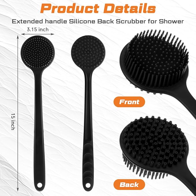 Sunnyray 2 Pack Silicone Back Scrubber for Shower with 15" Long Handle Double-Sided Bath Body Brush for Exfoliating Easy to Clean Quick Dry Deep Cleaning Lathers Well(Black)
