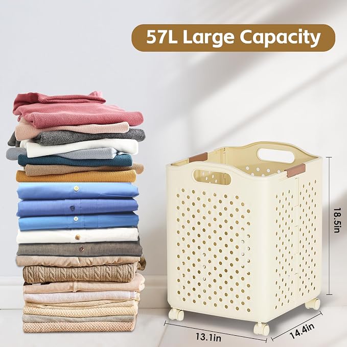 57L Collapsible Laundry Basket with Wheels, Laundry Basket Collapsible, Foldable Laundry Baskets with Handles, Dirty Clothes Hamper for Dorm, Bedroom and Bathroom (Cream White)