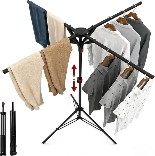 Clothes Drying Rack Foldable, Adjustable Height with Fold Button | Stable Tripod Base, Rust-Resistant, Quick Fold Button, Independent Rod Adjustment, Fits 90°/180°/270° Corners
