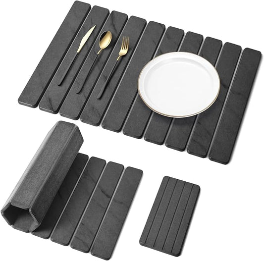2 PCS Stone Dish Drying Mat for Kitchen Counter, 24"×16" Dark Gray, Fast Drying Collapsible Dish Drying Mat, Eco-Friendly Absorbent Diatomaceous Earth Mats for Match Countertop ( 24"×16" & 8"x4")