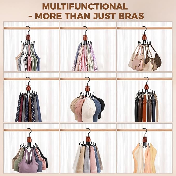 2 Pack Bra Hangers for Closet Organizer, Space Saving Metal Tank Top Hangers with 8 Foldable Hooks Holds 48 Items Total, 360° Rotating Storage for Bras, Scarves, Belts, Purses and More
