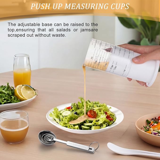 6 Pcs Adjustable Push up Measuring Cup Set Includes 2 Adjustable Measuring Cups and 5 Measurings Spoon for Peanut Butter Liquid Dry Semi Solid Ingredient Home Cooking Tool(6.5 * 10cm)