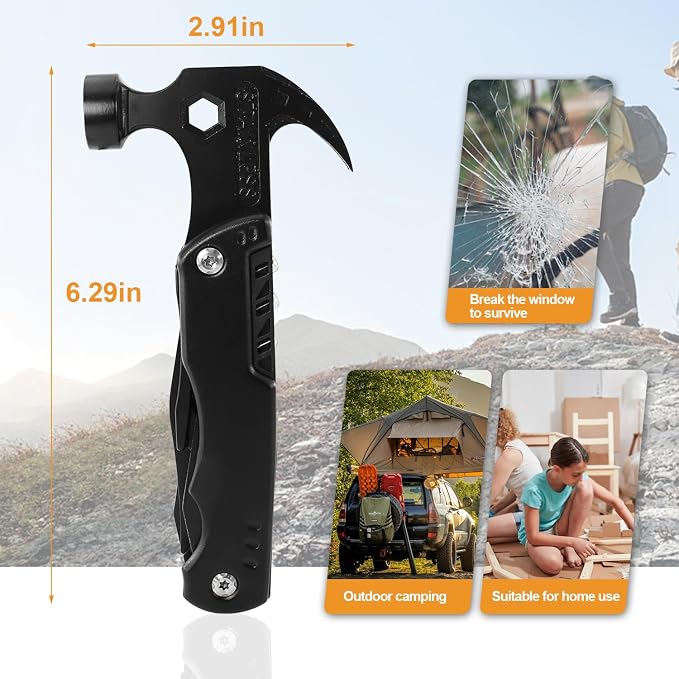 15 in 1 Multitool Hammer Multi Tool Survival Gear Multitool for Men，Survival Tools Camping Accessories With Knife,Pliers,Nail Puller,Screwdriver,Saw,Bottle Opener,Present for Husband,Dad,Grandpa