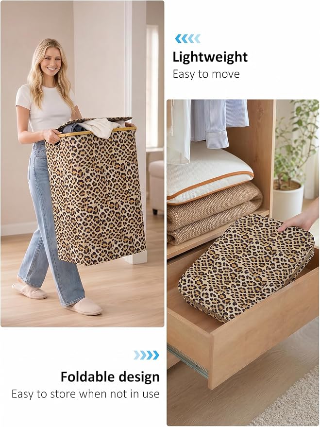 IEGrow Laundry Hamper with Lid,110L Laundry Basket with Bag,Leopard Print | Dirty Clothes Hamper Basket with Bamboo Handle for Clothes Towels Organization
