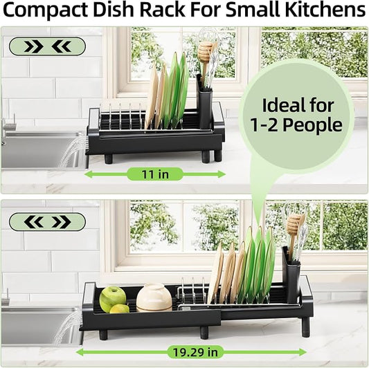 Small Dish Drying Rack, Mini Expandable Compact Dish Rack, Slim Extendable Stainless Steel Dish Drainer for Kitchen Plate Storage, Space Saving Dish Strainer in Sink or on Home Countertop, Matte Black