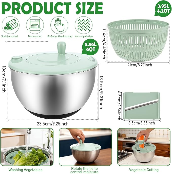 3 in 1 Stainless Steel Salad Spinner, 4.2 QT Large Vegetable Dryer Lettuce Spinner with 5 Blade Slicer Non Slip Base, for Kitchen Salad Vegetables