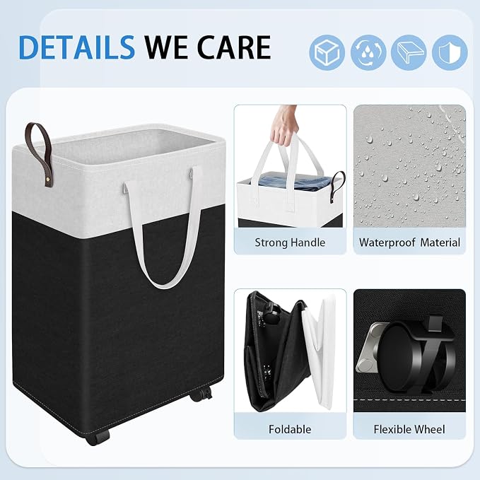 HomeHacks 75L Rolling Laundry Basket with 4 Wheels Collapsible Black | 4 Wheels, Waterproof PEVA Lining, Cotton Flax Fabric, Metal Frame, Bathroom Laundry Room Dorm Storage, Space-Saving Design