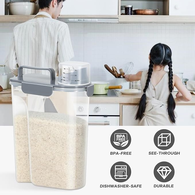 TBMAXS Rice Storage Container 10 Lbs, Airtight Food Dispenser with Large Spout and Cup for Pet Dog Cat Food Storage 7 Lbs | Portable Bird Seed Dispenser Cat Food Containers with Large Pour Spout for Travel Cereal Oatmeal Holder with Measuring Cup