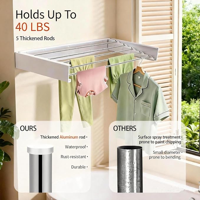 31.5 Inch Wall Mounted Clothes Drying Rack, Foldable Laundry Rack | Space Saving Wall Mounted Drying Rack with 5 Aluminum Rods, 40 lbs Capacity, Foldable Design for Laundry Room, Bathroom