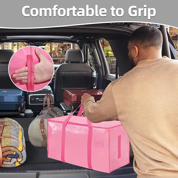 Extra Large Heavy Duty Moving Bags - Waterproof Storage Totes with Reinforced Handles & Zippers, Foldable for College Dorm Essentials, Clothes Storage & Travel (4-Pack Pink)