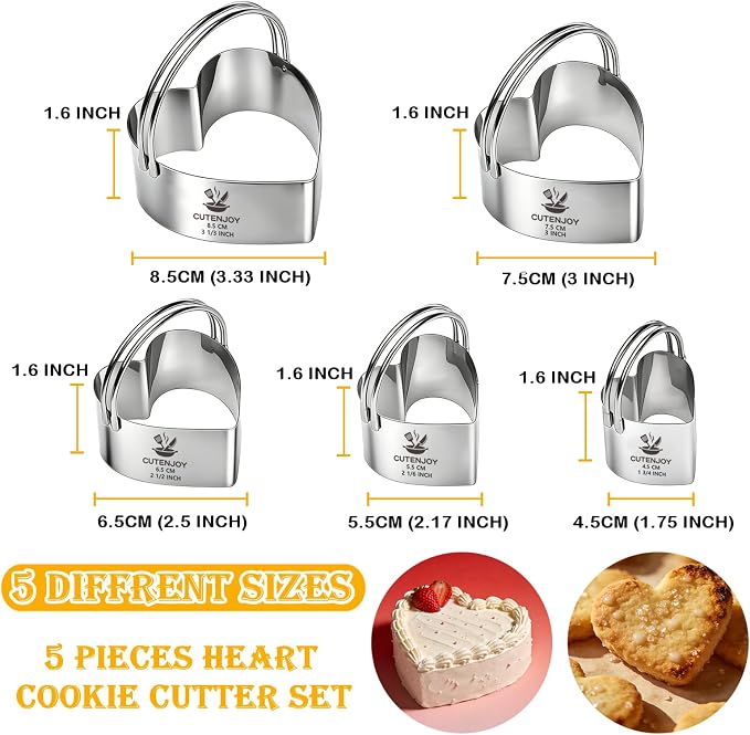 Heart Cookie Cutters, 5 Piece Biscuit Cutters with Handle, Stainless Steel Heart Shaped Cookie Cutter for Sandwiches, Cookie, Biscuit