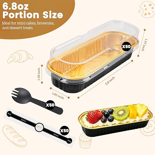 NPLUX 50 Pack Mini Cake Pans with Lids and Spoons Black Gold Rectangular Aluminum Foil Baking Pans Mini Cheesecake Containers, Graduation Gifts Party Favors(6.8oz)