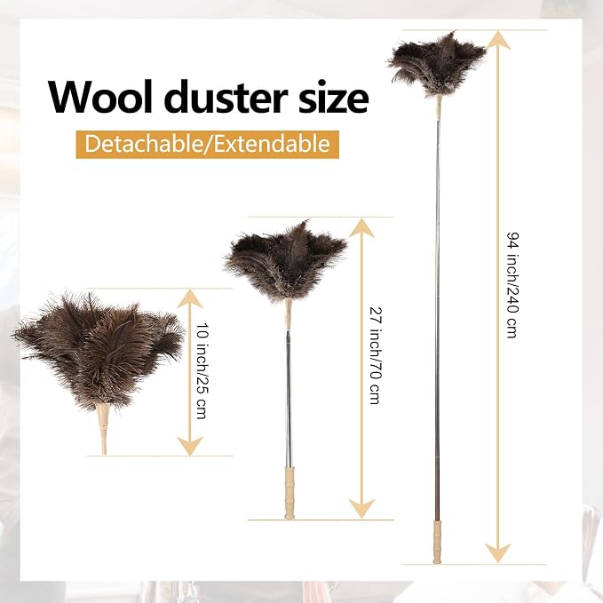 Extendable Ostrich Feather Duster 27-94 Inch, Natural Cleaning Duster Extension Pole Reusable for High Ceilings, Fans, Blinds, Furniture, Interior & Roof Dusting(Two Pack)