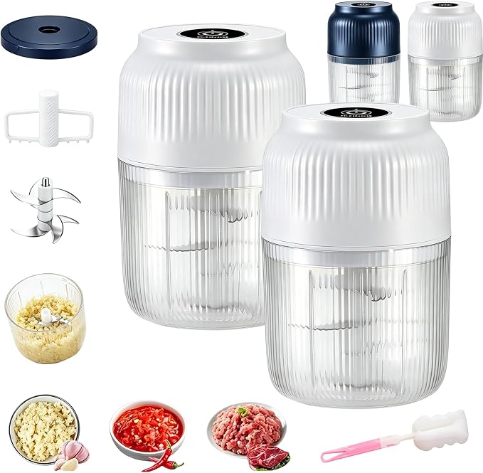 Household Electric Garlic Crusher, Upgraded Mini Electric Food Chopper, 350ml 6 Blades USB Rechargeable Garlic Mincer with Lid & Egg Beater for Onion Ginger Chili (White+White)