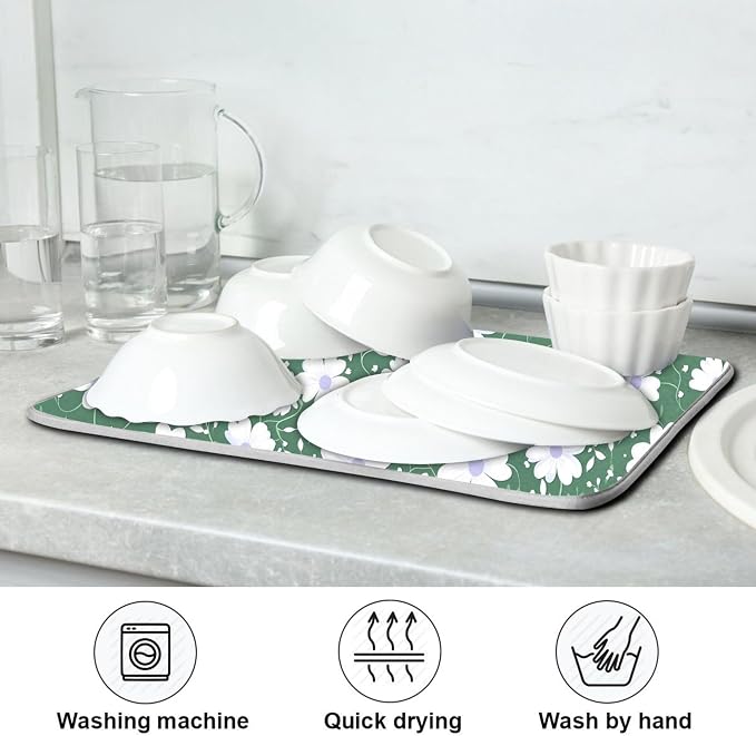 Vintage Floral Leaves Green Dish Drying Mat for Kitchen Daisy White Pastel Colors Microfiber Drying Mats Absorbent Reversible Dish Pad Medium Dish Draining Mat 16x18 inch
