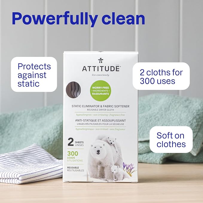 ATTITUDE Reusable Dryer Sheets, Static Eliminator & Fabric Softener, Fragrance-Free Laundry, Made in Canada, 300 Loads, 2 Sheets (1 Pack)