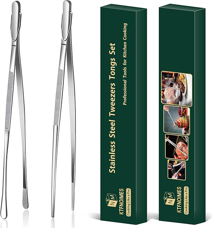 2 Pcs 12-Inch Cooking Tweezers Fine Tweezer Tongs, Extra-Long Stainless Steel Kitchen Tweezers, for Grilling, Serving, and Food Preparation,Silver