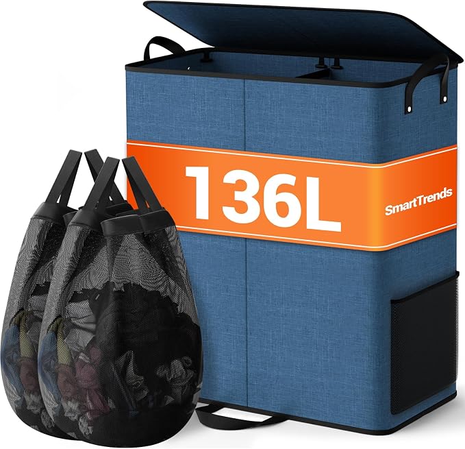 136L 2 Section Laundry Hamper with Lid, Laundry Basket, Blue | Large Laundry Hampers with Reinforced Handles & Removable Bags, Tall Dirty Clothes Hamper for Laundry Room, Bedroom, Bathroom