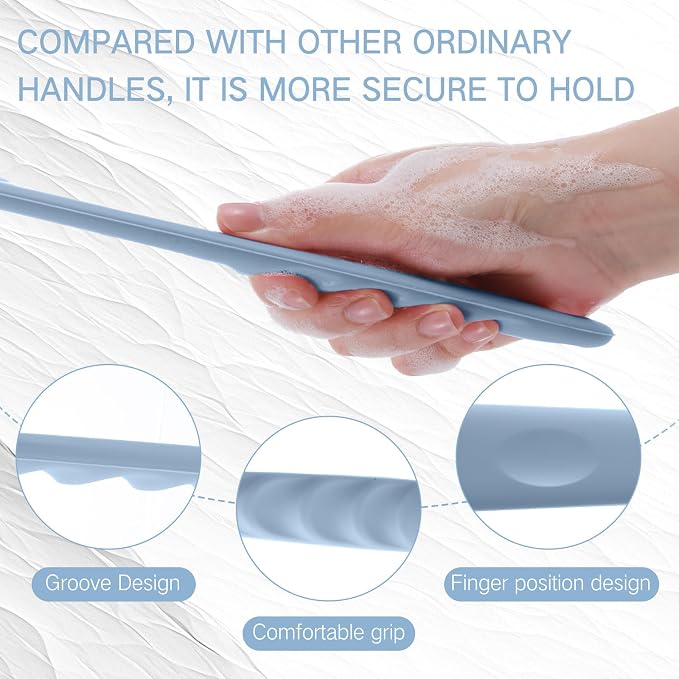 Sunnyray 2 Pack Silicone Back Scrubber for Shower with 15" Long Handle Double-Sided Bath Body Brush for Exfoliating Easy to Clean Quick Dry Deep Cleaning Lathers Well(Gray Blue)
