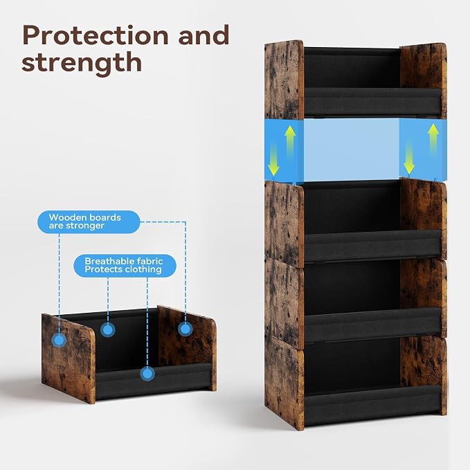 FOUCSSOMEI Closet Organizer and Storage, 4 Tier Stackable Storage Organizer, Wooden & Metal Closet Shelves, Modular Clothes Organizer, Storage Shelf, Bedroom & Closet Organization, Patent Design