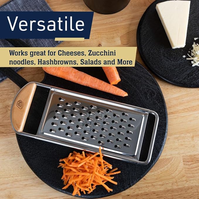 Cheese Grater Handheld - Stainless Steel Flat Food Grater with Cherrywood Handle - Coarse Shredder Kitchen for Medium-Hard Cheese and Vegetables - Italian Made Kitchen Gadgets by Kings County Tools