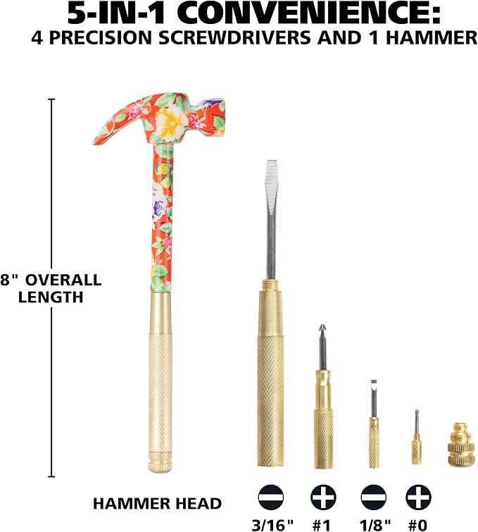 GreatNeck 5-in-1 Hammer, Built in Multitool Screwdriver, Chrome Plated | Includes Four Screwdrivers and One Hammer, Rust Resistant, Great for Household Projects, Lightweight and Easy to Use