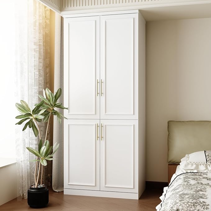 FUFU&GAGA Wardrobe Closet with 4 Doors, Modern White Bedroom Armoire with Gold Handles, Modern Clothes Storage Cabinet with Shelves, Hanging Rod for Cloakroom, 31.7”W x 19.3”D x 74.8”H