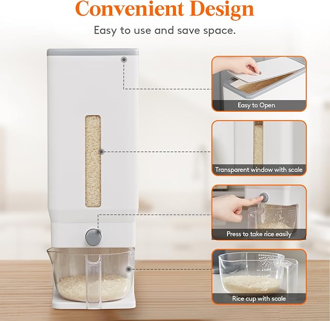 Lifewit Rice Dispenser 25 Lbs(11.3kg), Rice Storage Container Sealed Moisture Proof with Measuring Cup for Kitchen Pantry Household, BPA-Free, 1 Pack White